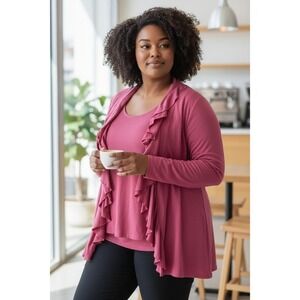 Gramercy 22 Cascading Ruffle Waterfall Cardigan Open Front Lightweight Pink 2 Pc